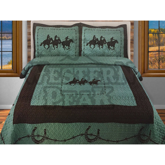 Turquoise Wild Cowboys Horseshoe 3 Piece Western Home Bedding Set