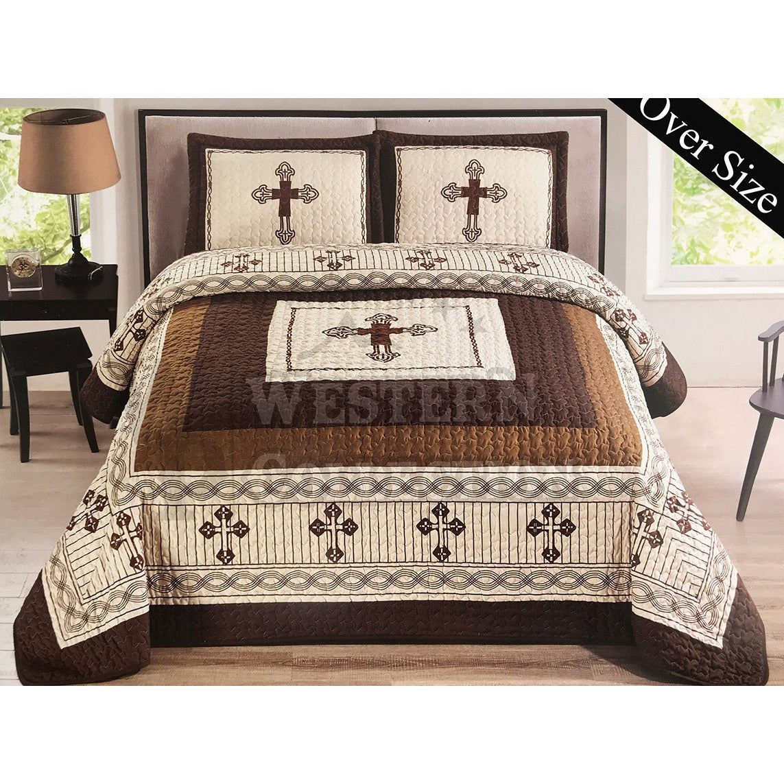 Beige Prayer Cross Lodge Home Bedding 3 Piece Quilt Set