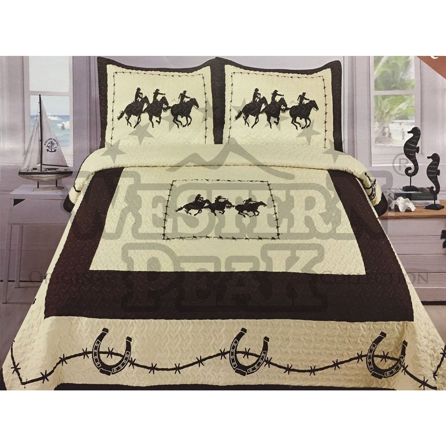 Beige Wild Cowboys Horseshoe 3 Piece Western Home Bedding Set