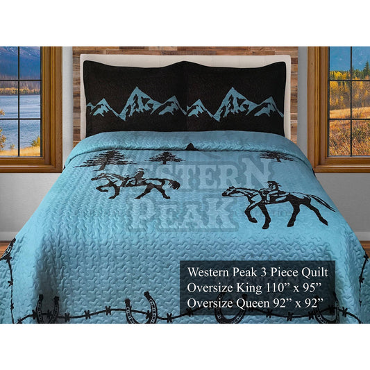 Blue Cowboy Horse Mountain Tree 3 Piece Western Bedding Set