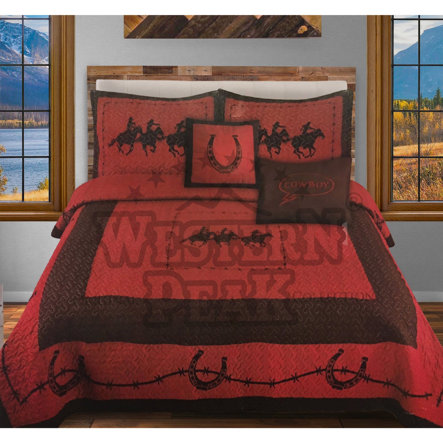 Red Wild Cowboys Horseshoe Home 5 Piece Bedding Extended Quilt Set