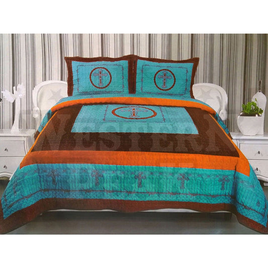 Rustic Turquoise Western Cross Print 3 Piece Home Quilt Set