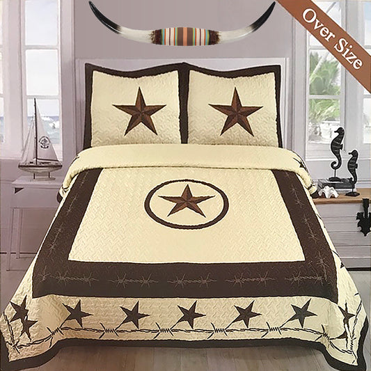 Rustic Western Texas Star Barbed Wire Quilt Bedspread Comforter 3 Pcs Oversize Set