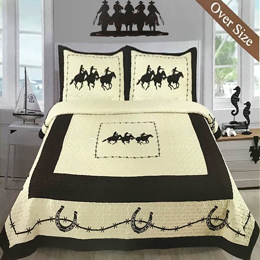 Rustic Western Texas Horse Rider Cowboy Quilt Bedspread Comforter 3 Pcs Oversize Set