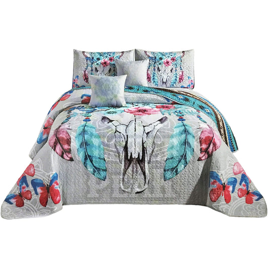 Bull Skull Butterflies Tribal Artisan Southwestern Native Boho 5 Piece Quilt Bedding Red Blue Grey