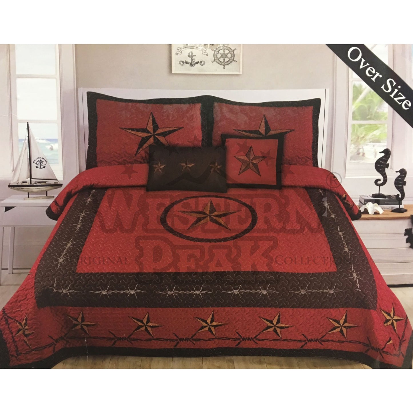 Red Texas Star Barb Wire Home 5 Piece Bedding Extended Quilt Set