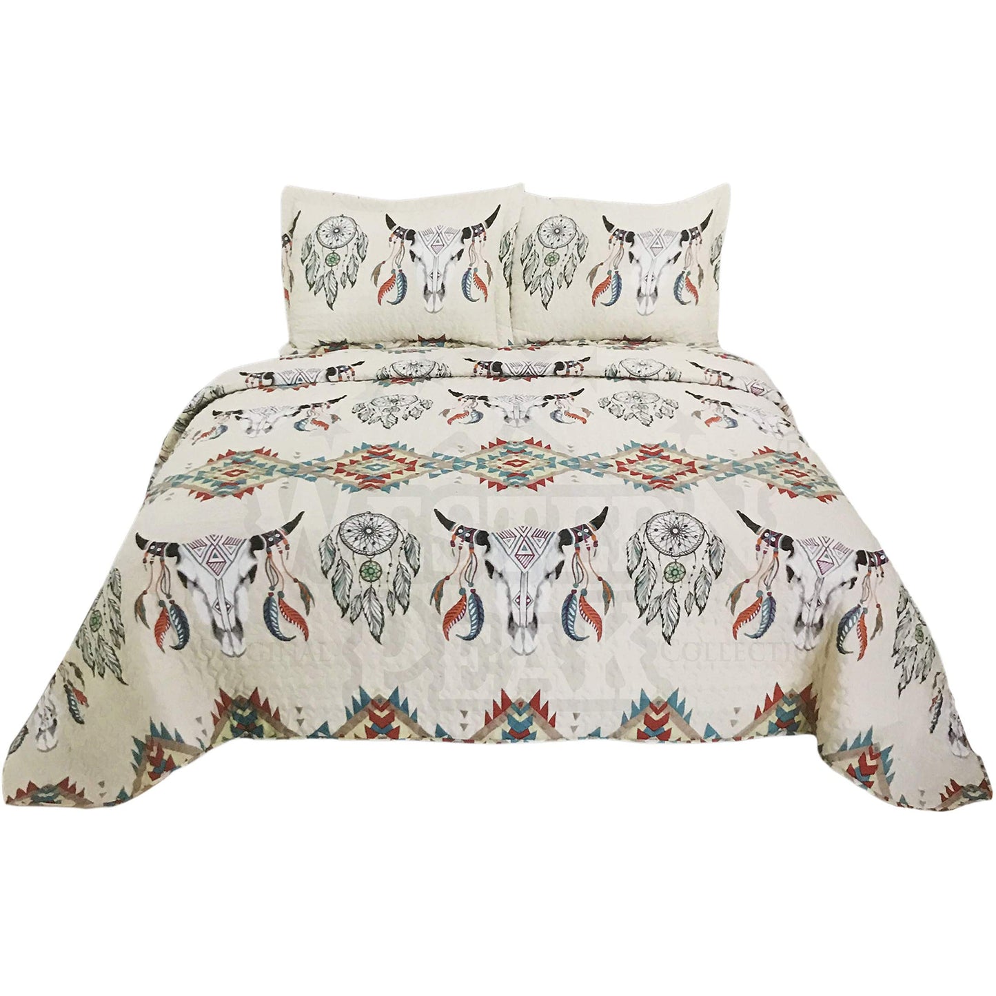 Bull Skull Tribal Artisan Southwestern Native Boho 3 Piece Quilt Bedding Beige Ivory