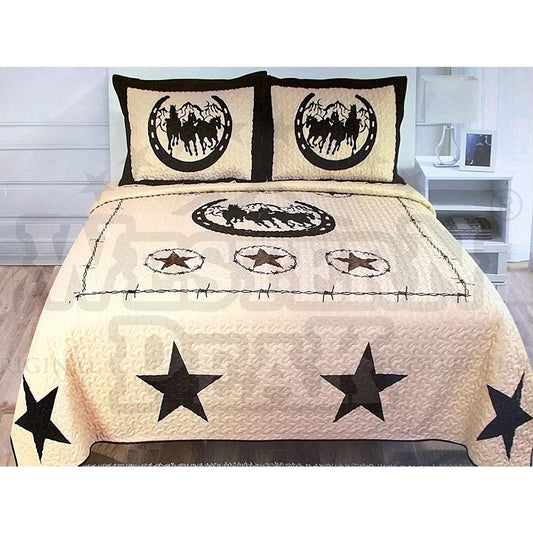 Beige Horses Star Barb Wire Western Home 3 Piece Quilt Bedding Set