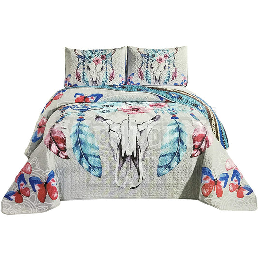 Bull Skull Butterflies Tribal Artisan Southwestern Native Boho 3 Piece Quilt Bedding Red Blue Grey