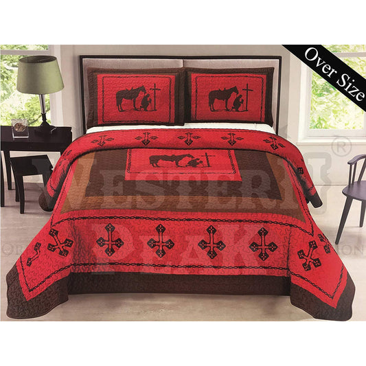 Red Praying Cowboy Horse Western Home 3 Piece Quilt Set