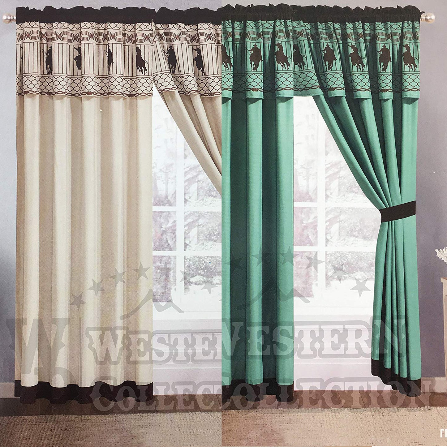 Western Cowboy Horse Rope Window Curtain Two Panels Beige Turquoise