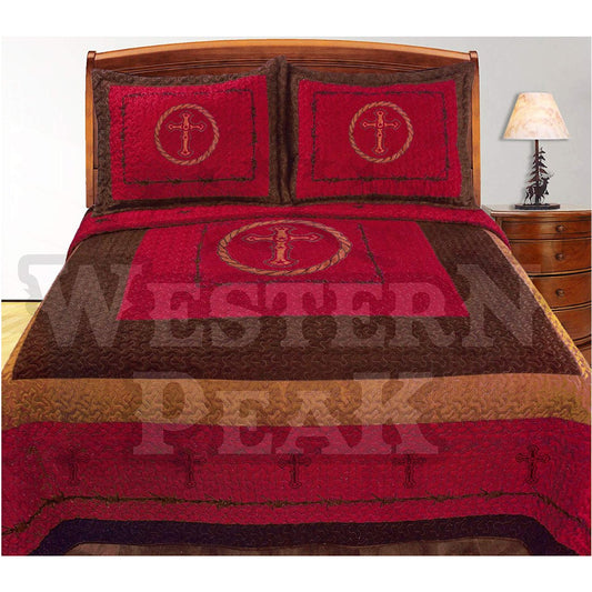 Red Classic Western Cross Rustic Home 3 Piece Quilt Bedding Set