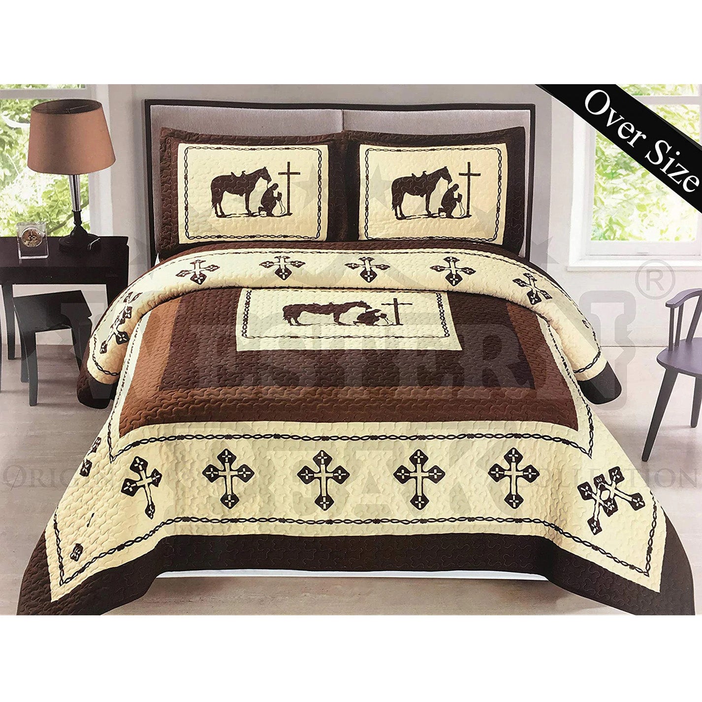 Beige Praying Cowboy Horse Western Home 3 Piece Quilt Set