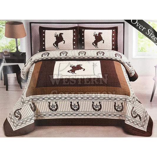 Beige Rearing Horse Cowboy Rider 3 Piece Quilt Set