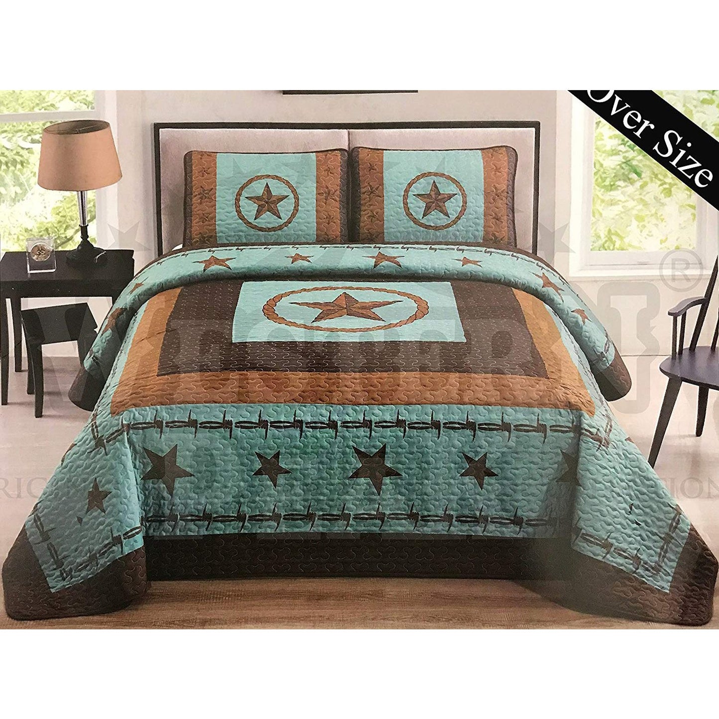 Turquoise 3 Piece Home Bedding Western Texas Stars Barb Wire