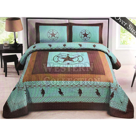 Turquoise Star Horse Rider Home Bedding 3 Piece Quilt Set