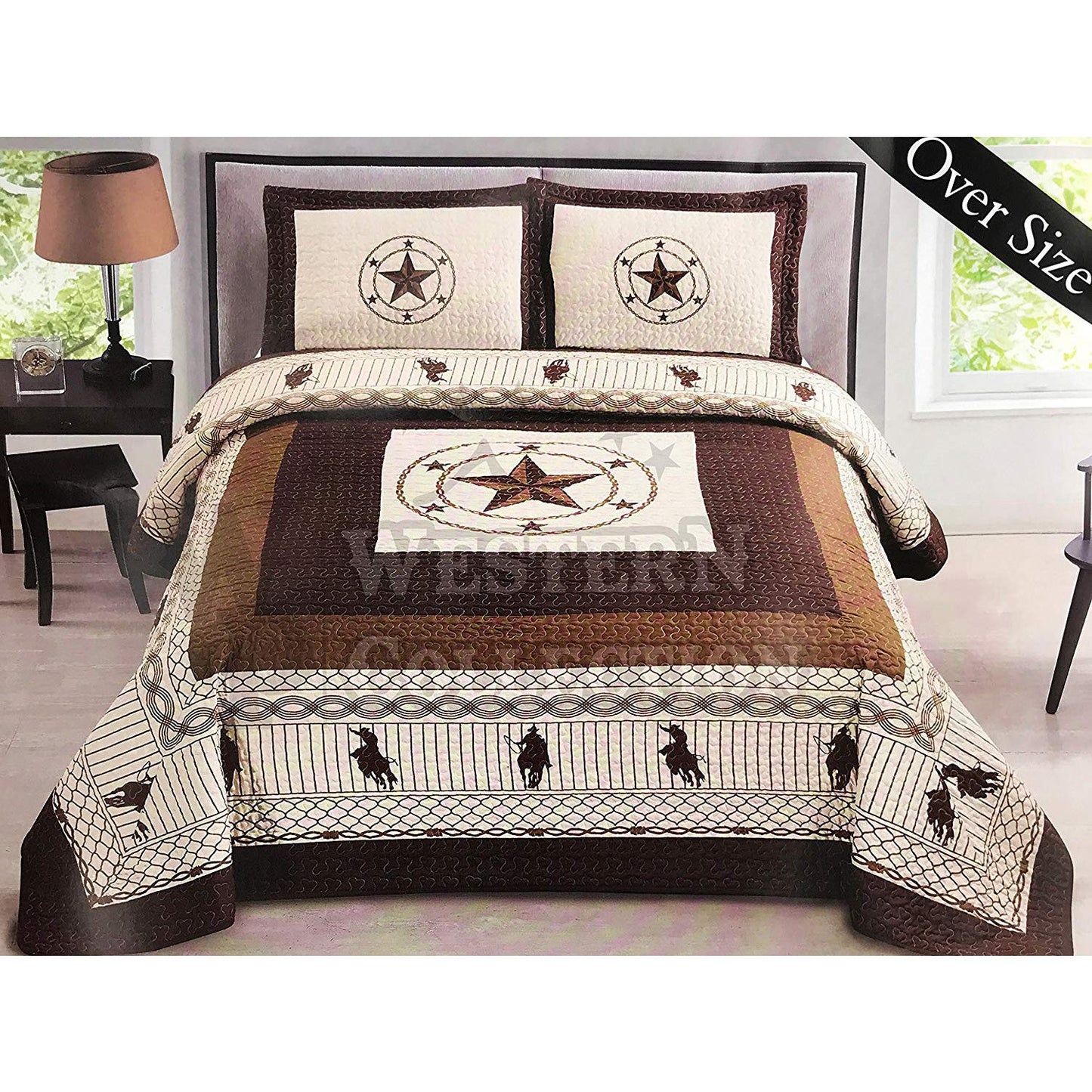 Beige Star Horse Rider Home Bedding 3 Piece Quilt Set