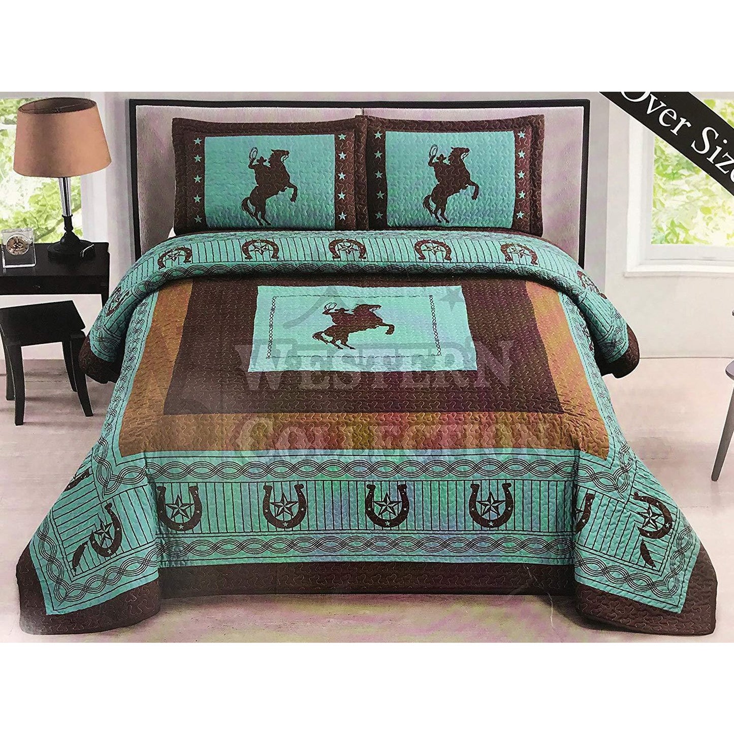 Turquoise Rearing Horse Cowboy Rider 3 Piece Quilt Set