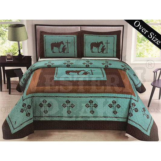 Turquoise Praying Cowboy Horse Western Home 3 Piece Quilt Set