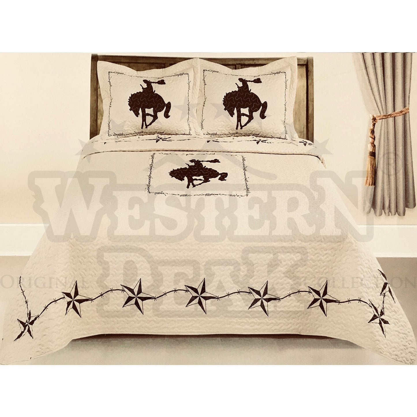 Beige Rodeo Cowboy Horse Rider 3 Piece Western Home Bedding Set