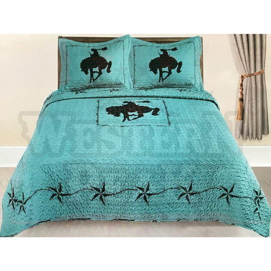 Turquoise Rodeo Cowboy Horse Rider 3 Piece Western Home Bedding Set