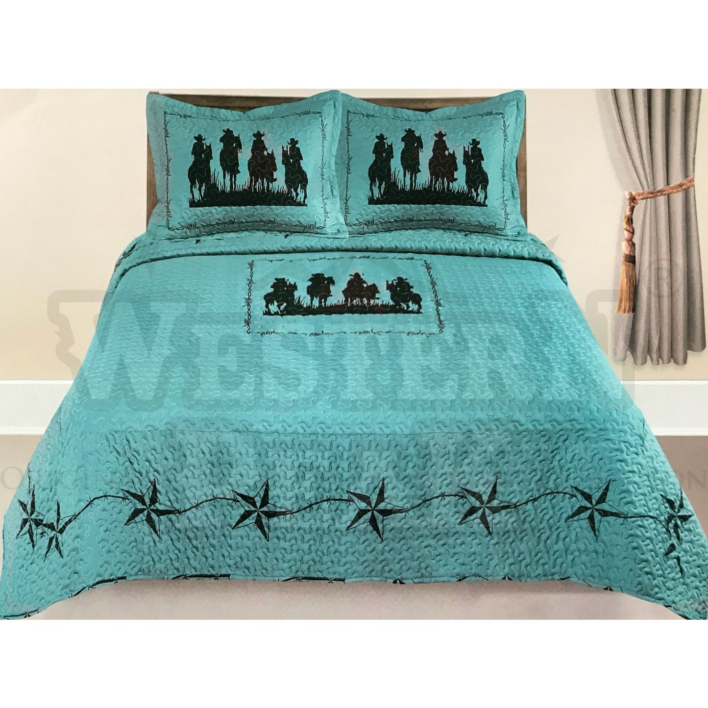 Turquoise Four Cowboys Riding Horse Star 3 Piece Western Home Bedding Set