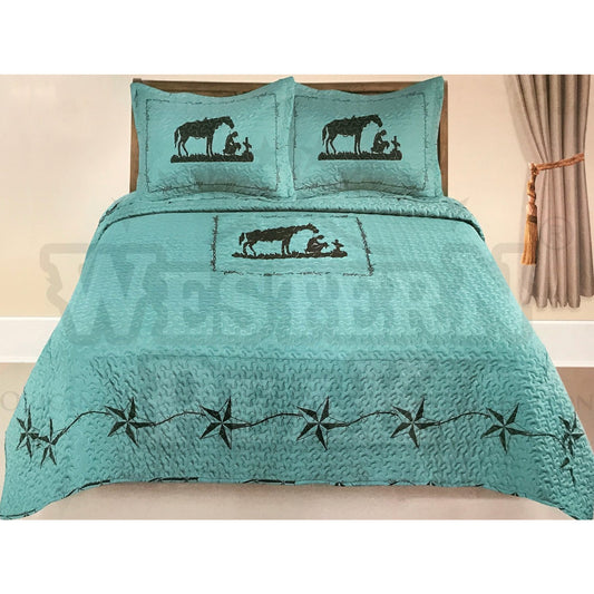 Turquoise Praying Cowboy Horse Star 3 Piece Western Home Bedding Set