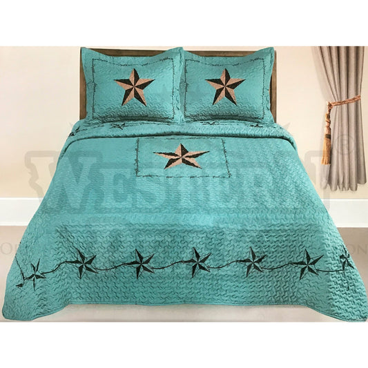 Turquoise Texas Star Barb Wire 3 Piece Western Home Bedding Set