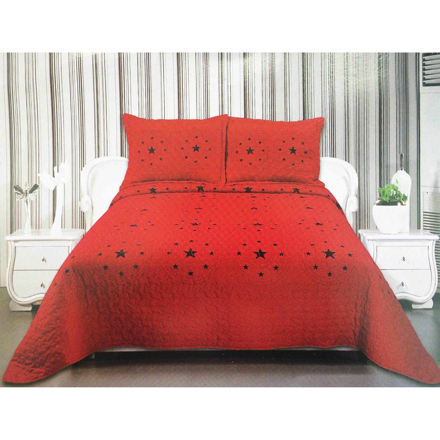 Red Star Pattern 3 Piece Home Quilt Bedding with Shams