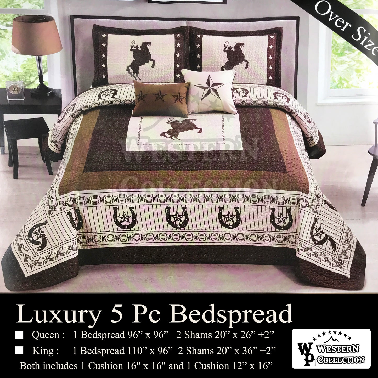 Beige Rearing Horse Cowboy Rider 5 Piece Extended Quilt Bedding Set