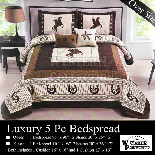 Beige Rearing Horse Cowboy Rider 5 Piece Extended Quilt Bedding Set