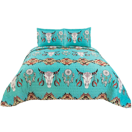 Bull Skull Tribal Artisan Southwestern Native Boho 3 Piece Quilt Bedding Turquoise