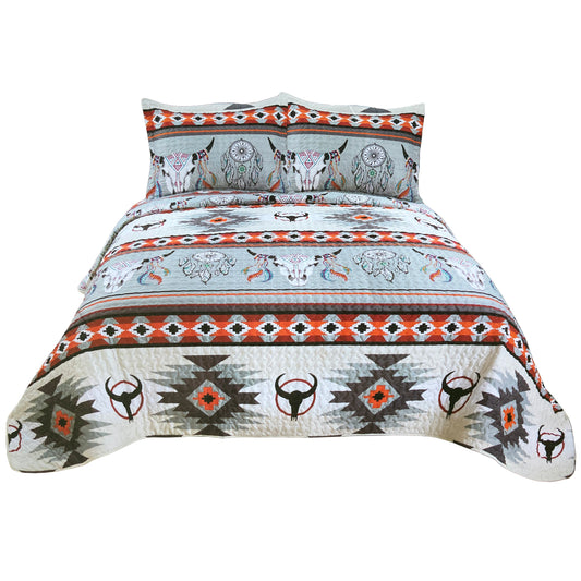 Bull Skull Tribal Artisan Southwestern Native Boho 3 Piece Quilt Bedding Tribal Grey