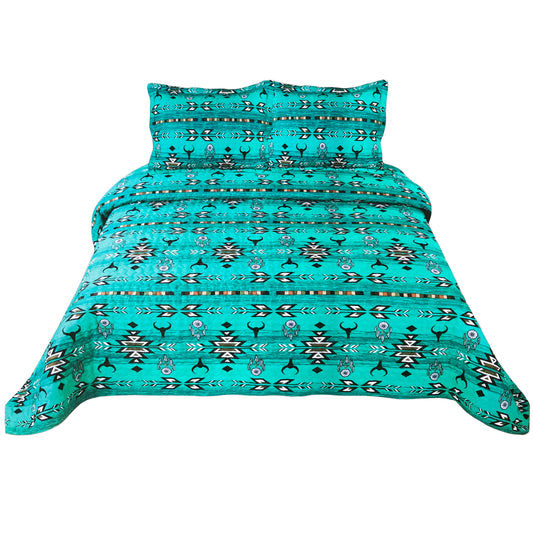 Bull Skull Tribal Artisan Southwestern Native Boho 3 Piece Quilt Bedding Blue Teal