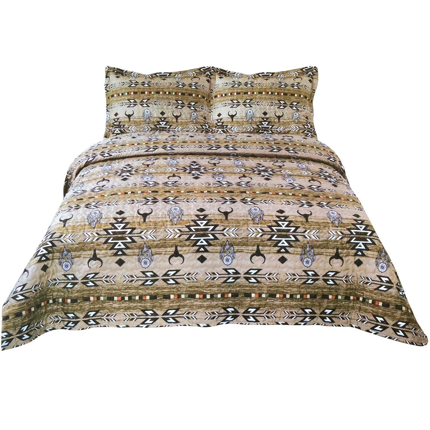 Bull Skull Tribal Artisan Southwestern Native Boho 3 Piece Quilt Bedding Khaki Beige