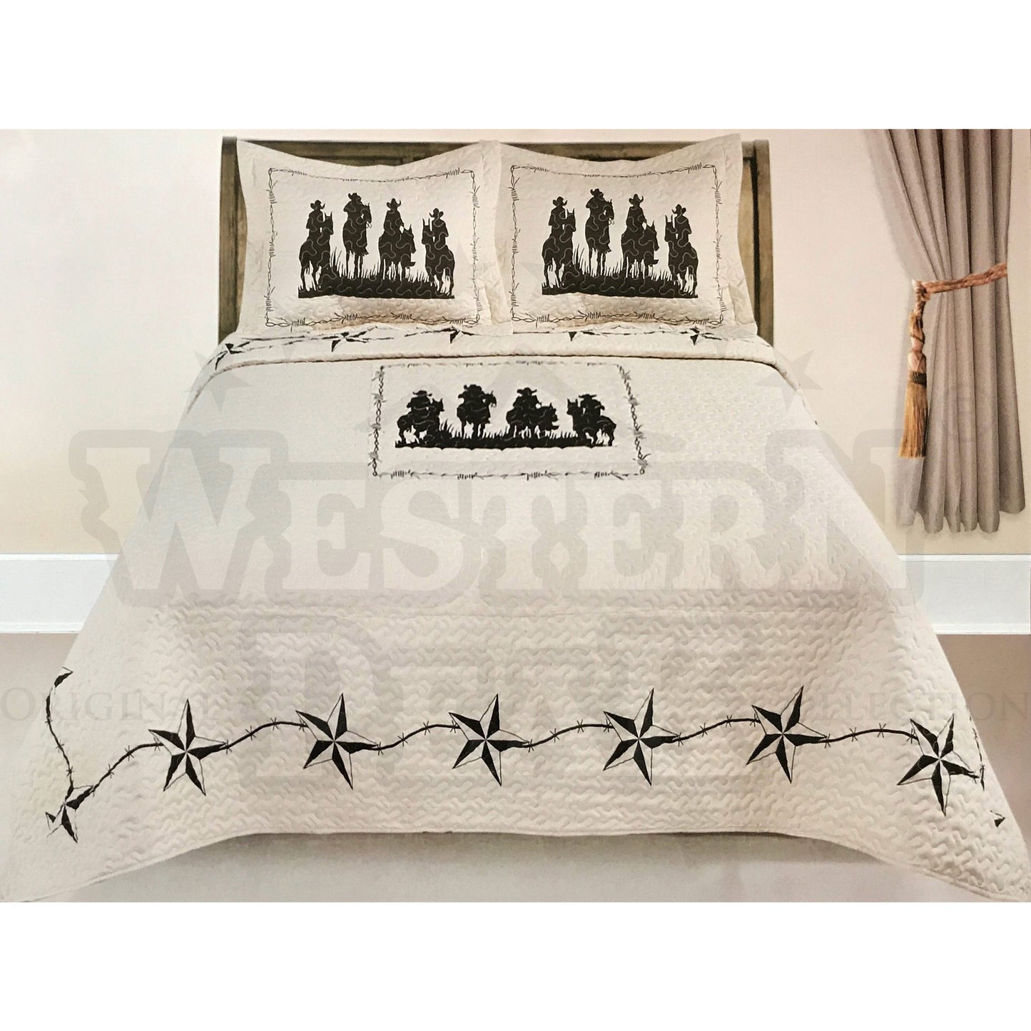 Beige Four Cowboys Riding Horse Star 3 Piece Western Home Bedding Set