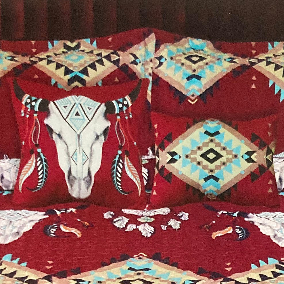 Bull Skull Tribal Artisan Southwestern Native Boho 5 Piece Quilt Bedding Red