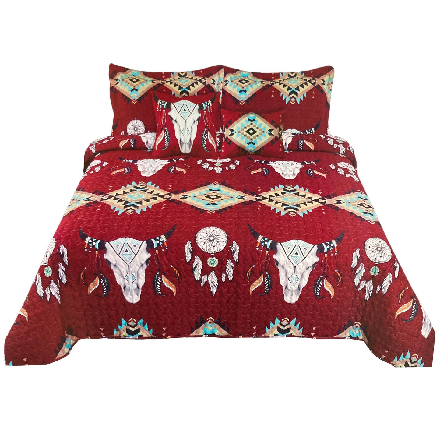 Bull Skull Tribal Artisan Southwestern Native Boho 5 Piece Quilt Bedding Red