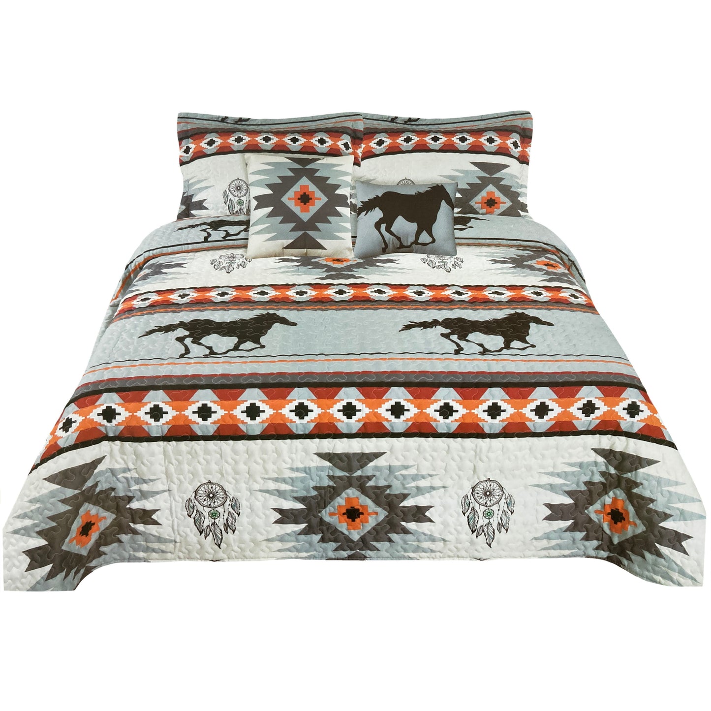 Horse Native Tribal Aztec Dream Catcher Print Saddleridge 5 Piece Quilt Bedding Set Beige Grey