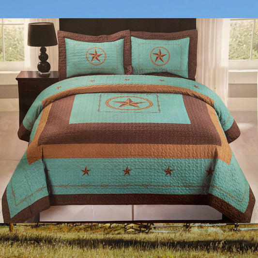 Star Western 3 Piece Quilt Bedding Set Turquoise