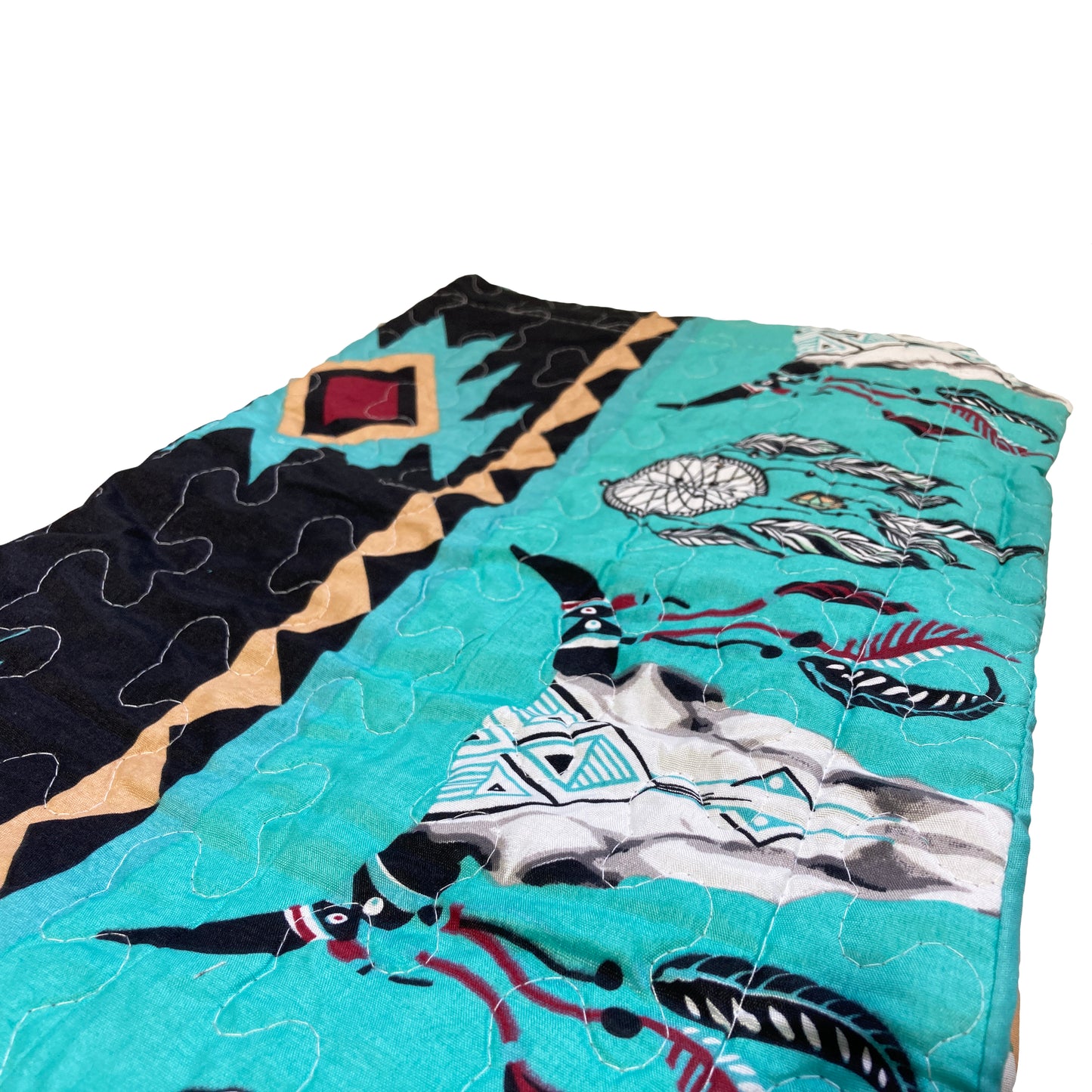 Bull Skull Tribal Artisan Southwestern Native Boho 3 Piece Quilt Bedding Black Teal