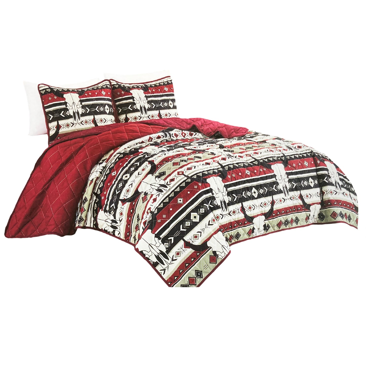 Native Pattern Longhorn Bull Skull Print 3 Piece Quilt Bedding Set Red Black