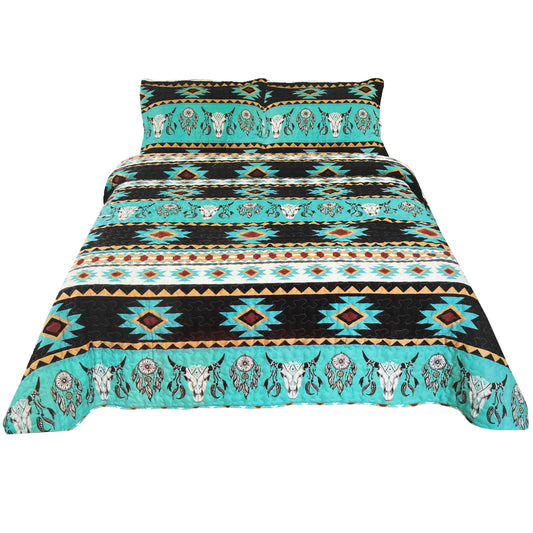 Bull Skull Tribal Artisan Southwestern Native Boho 3 Piece Quilt Bedding Black Teal