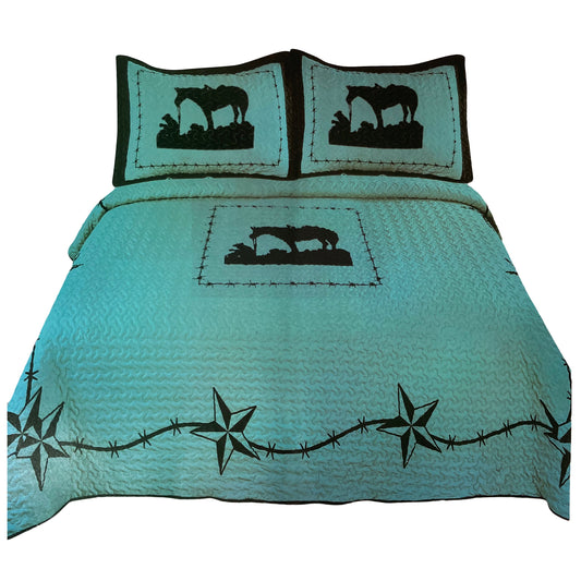 Teal Praying Cowboy Star Home 3 Piece Quilt Set