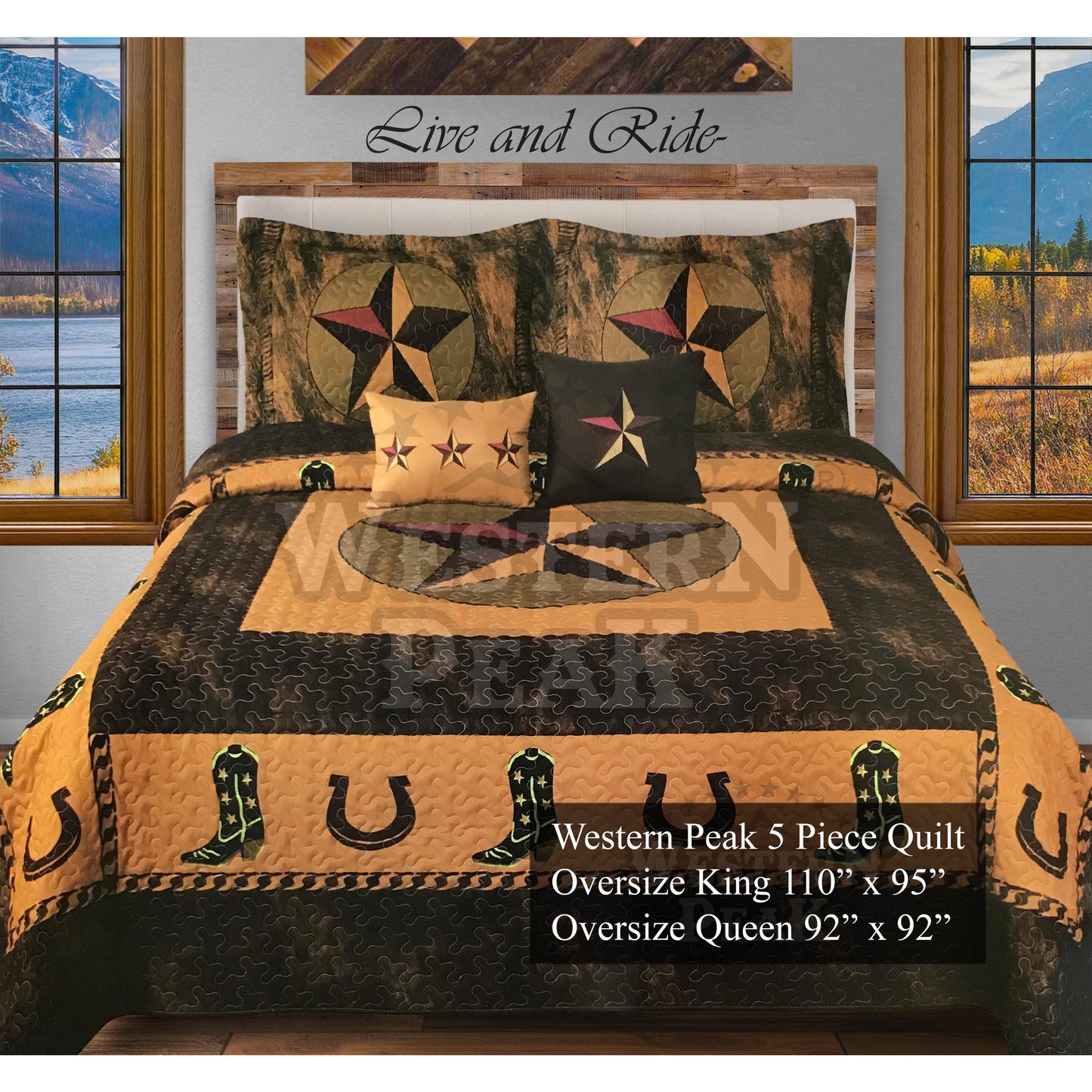 Camouflage Golden Texas Star 5 Piece Bedding Extended Quilt Set