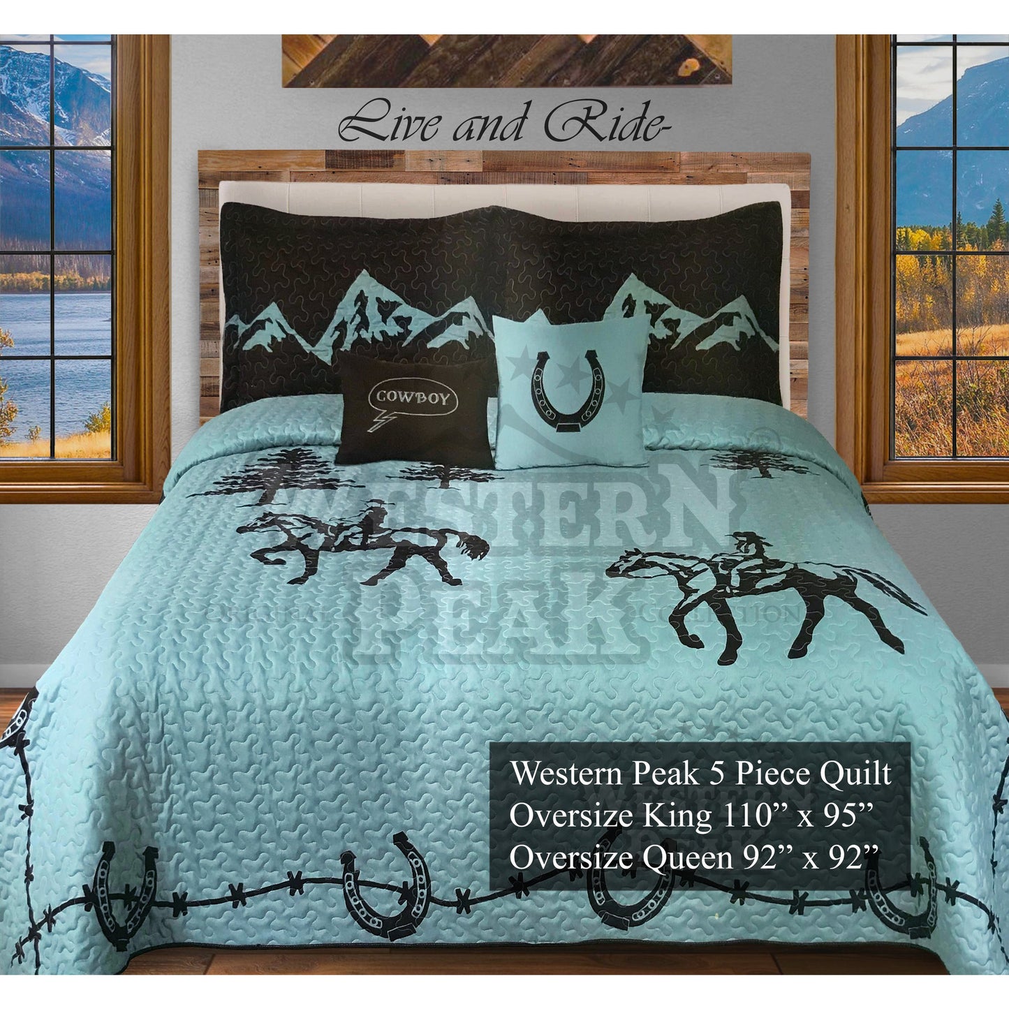 Blue Cowboy Horse Mountain Tree 5 Piece Bedding Extended Quilt Set