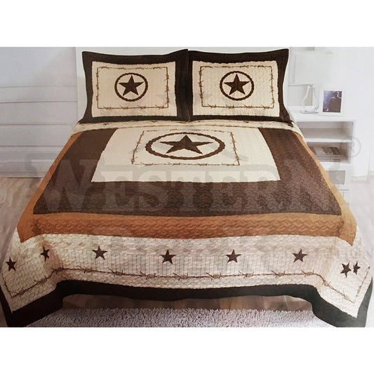 Beige Classic Western Star Home 3 Piece Quilt Set